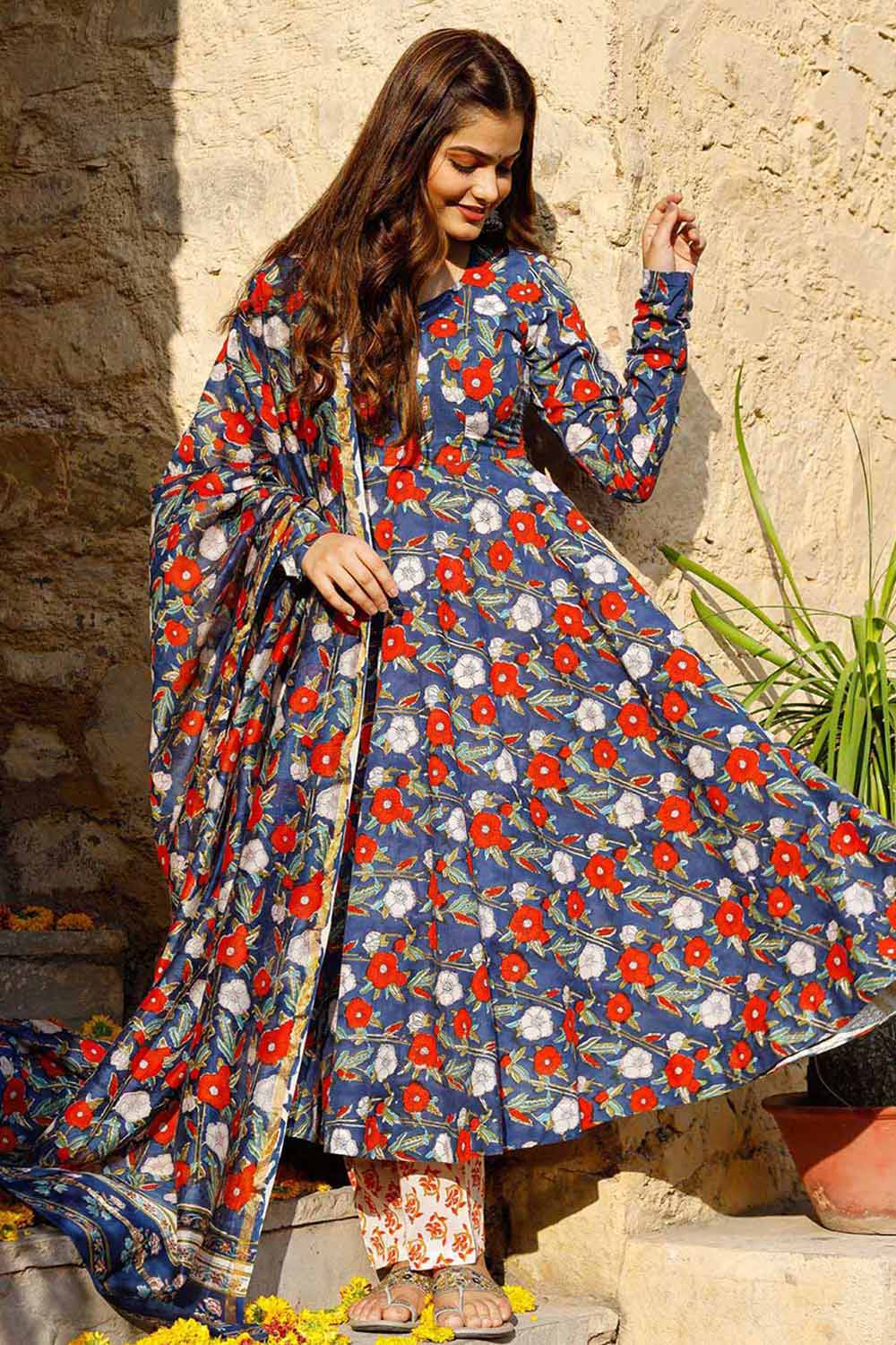 Blue Cotton Motif Printed Anarkali Flared Kurta Set With Duppata