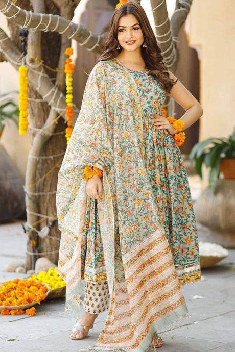 Buy Orange Green Floral Block Printed Half Sleeve Kurta Set with Chanderi Block Printed Dupatta  Online