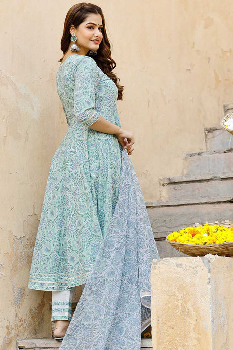 Green Cotton Gota Work Anarkali Flared Kurta Set With Duppata