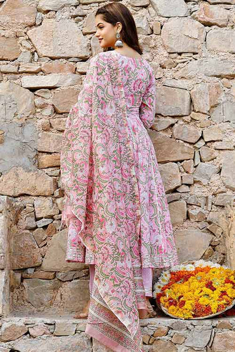 Pink Cotton Block Printed Flared Anarkali Kurta Set With Duppata