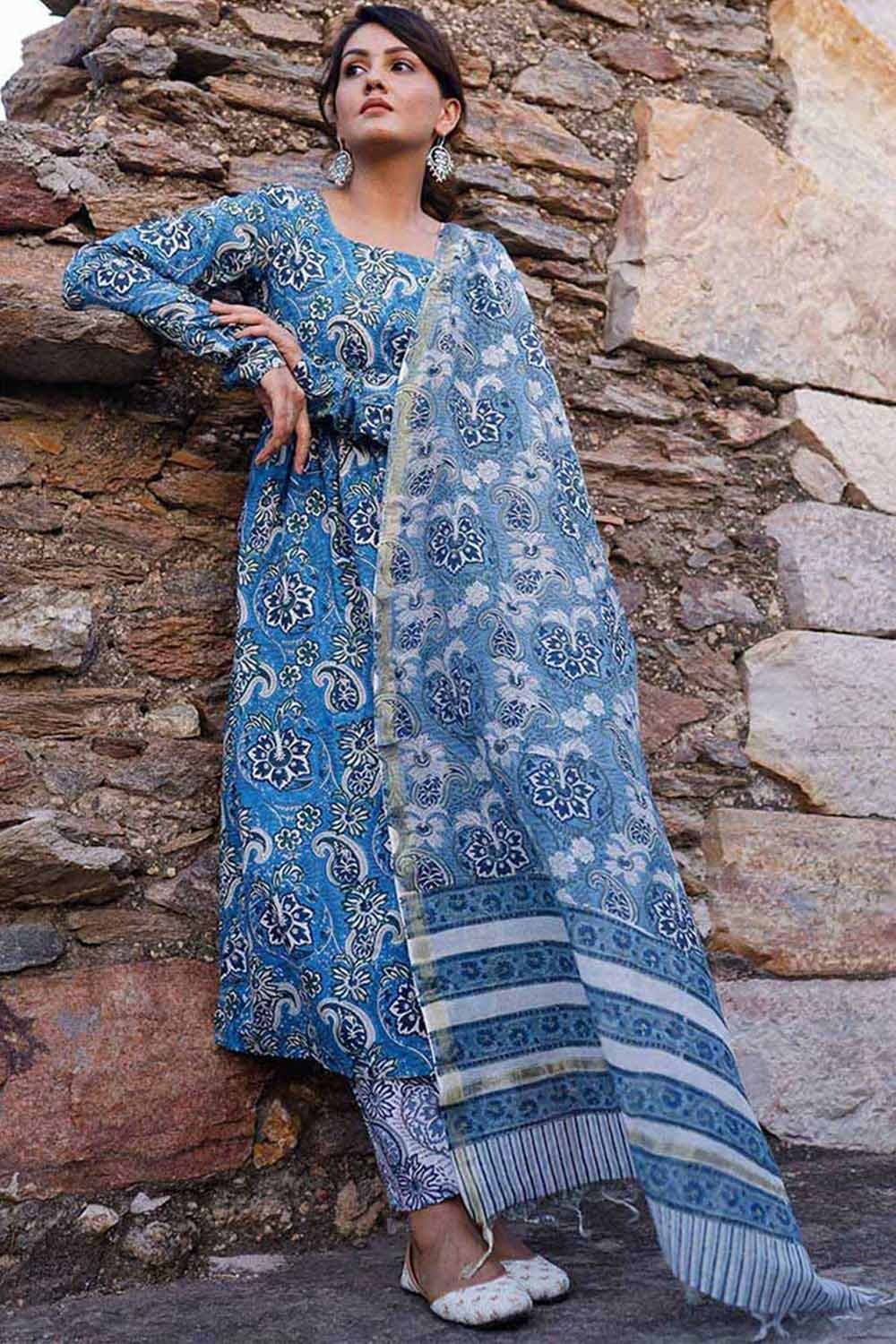 Blue And White Hand Blocked Suit With Pant And Chanderi Dupatta