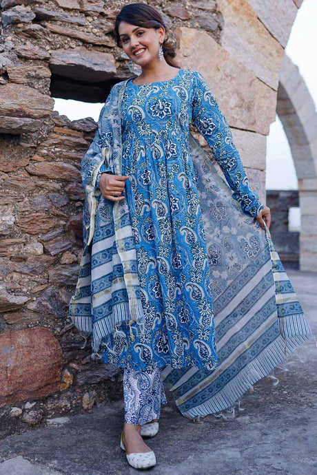 Blue And White Hand Blocked Suit With Pant And Chanderi Dupatta