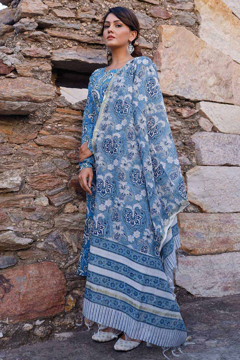 Blue And White Hand Blocked Suit With Pant And Chanderi Dupatta