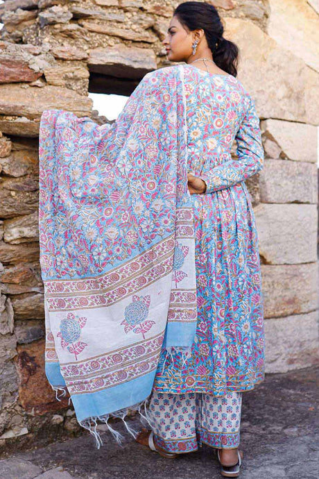 Sky Blue And Pink Hand Blocked Suit With Palazzo And Chanderi Dupatta