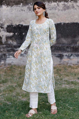 White And Mustard Hand Blocked Kurta With Pant