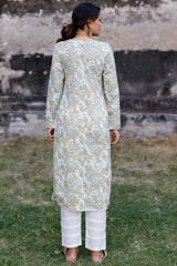 White And Mustard Hand Blocked Kurta With Pant