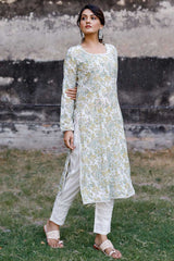 White And Mustard Hand Blocked Kurta With Pant