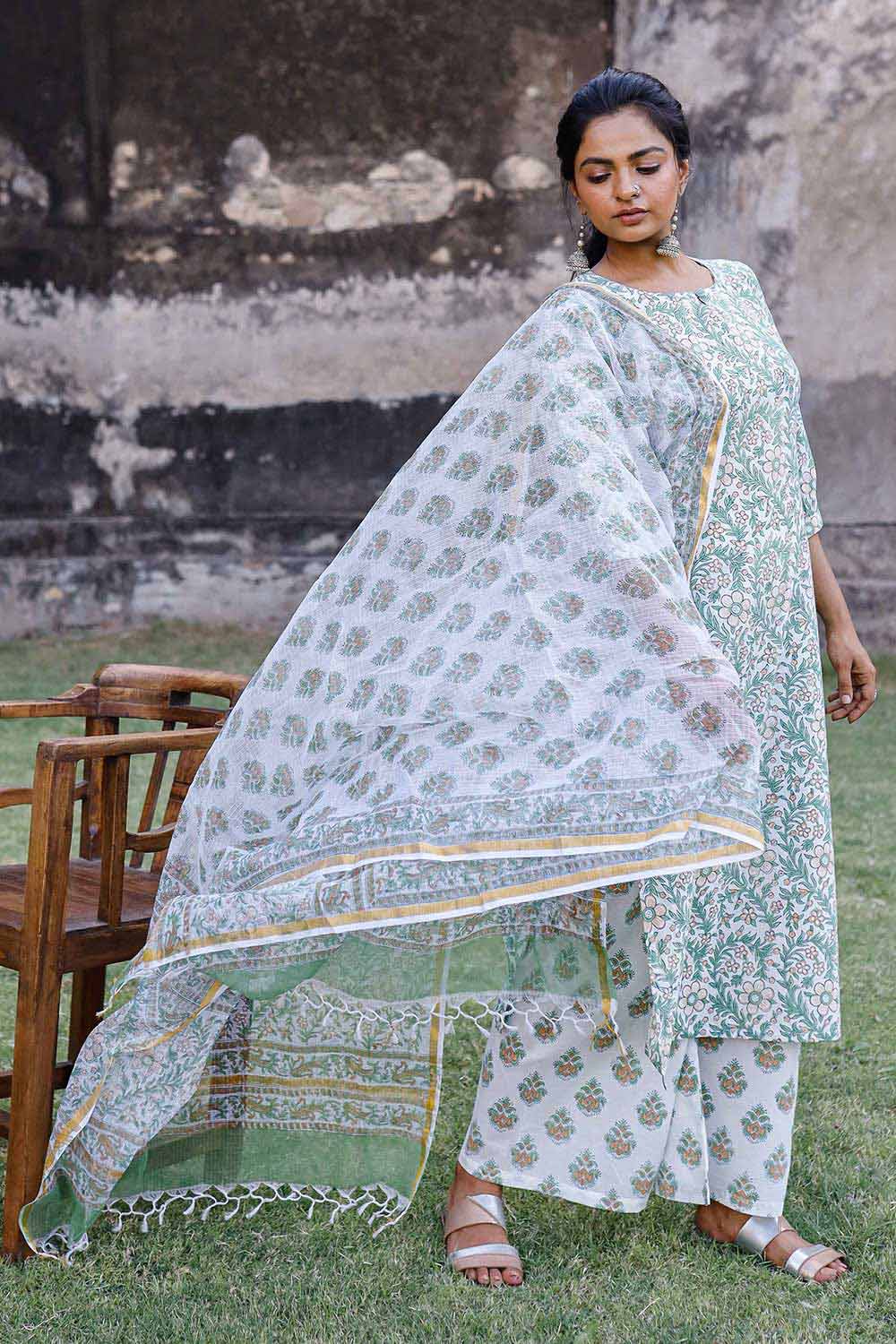 White & Green Hand Blocked Kurta With Palazzo And Chanderi Dupatta