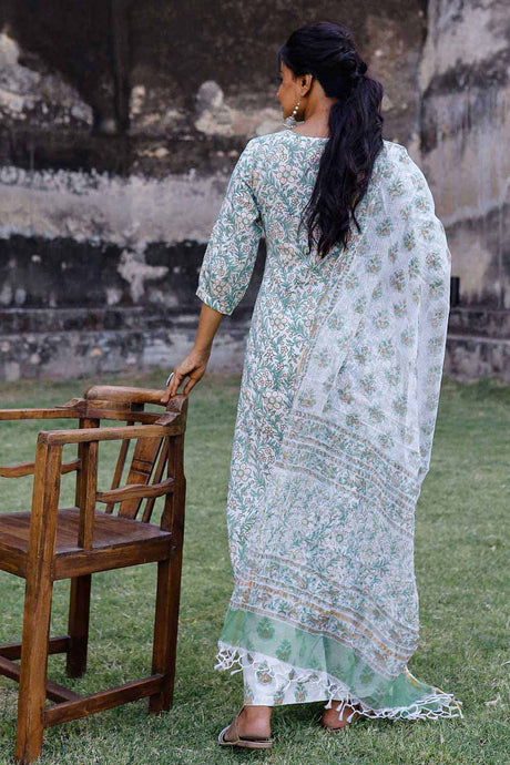 White & Green Hand Blocked Kurta With Palazzo And Chanderi Dupatta