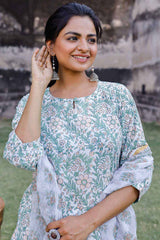 White & Green Hand Blocked Kurta With Palazzo And Chanderi Dupatta