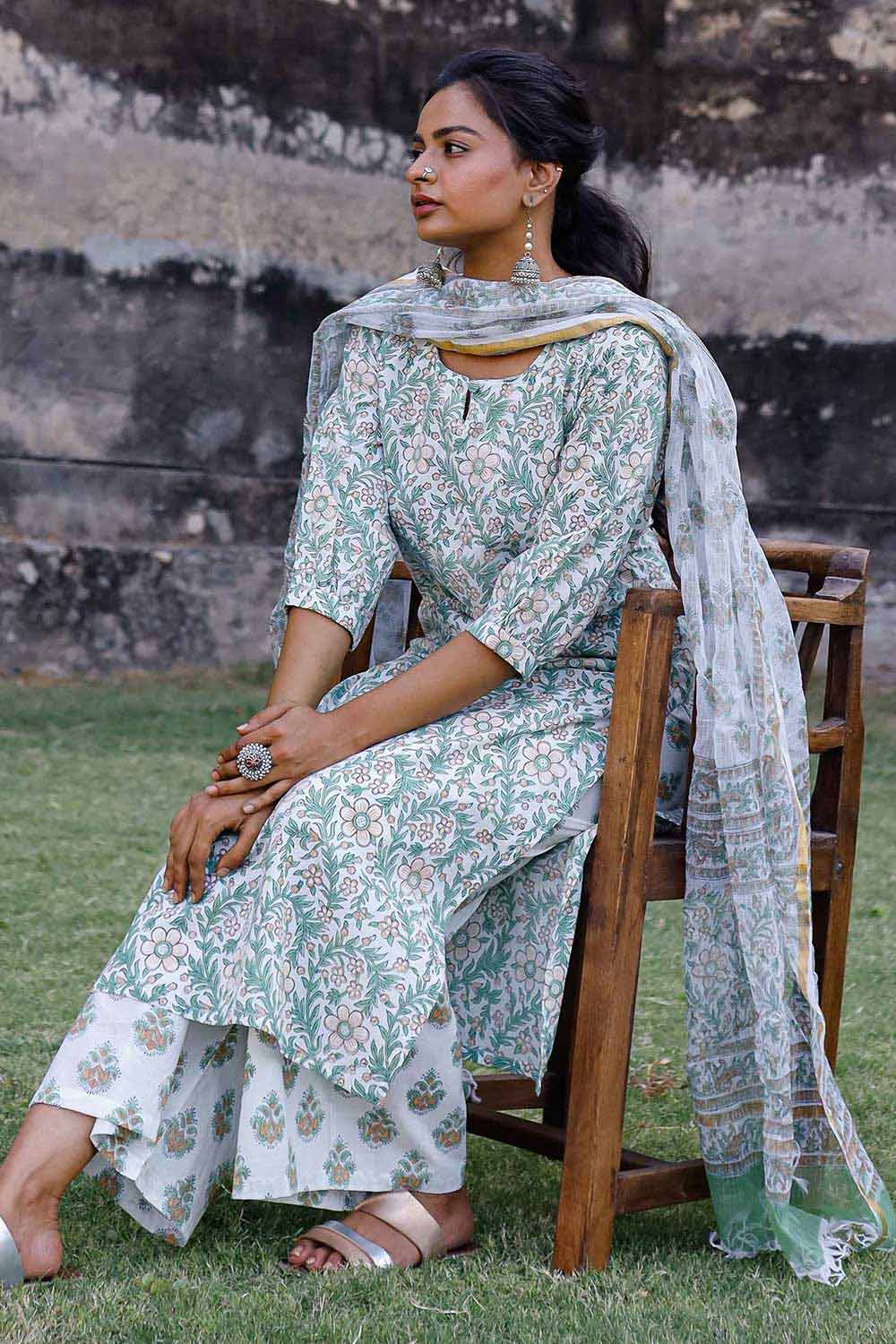 White & Green Hand Blocked Kurta With Palazzo And Chanderi Dupatta