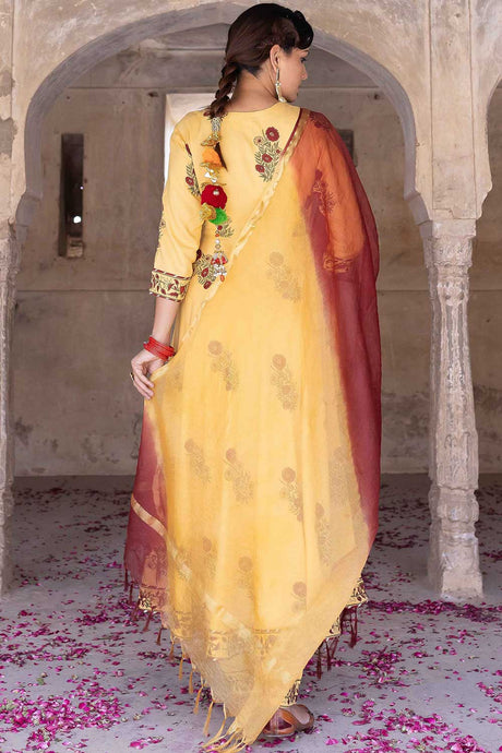 Yellow Hand Blocked Anarkali Suit Set With Doria Dupatta