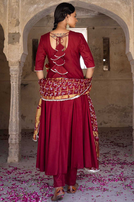 Solid Maroon Anarkali Suit Set With Bandhej Dupatta