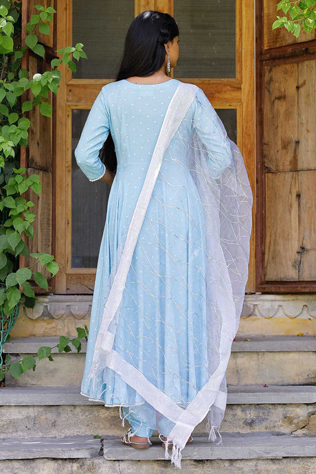 Blue Polka Anarkali Suit Set With Tissue Fabric Dupatta