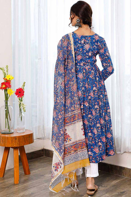 Blue Floral Hand Block Print Gathered Anarkali Paired Up With Matching Print Chanderi Dupatta And White Pants.