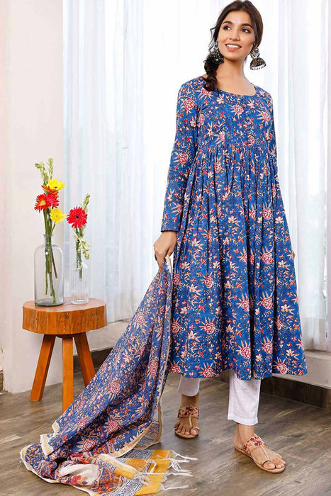 Blue Floral Hand Block Print Gathered Anarkali Paired Up With Matching  Print Chanderi Dupatta And White Pants.