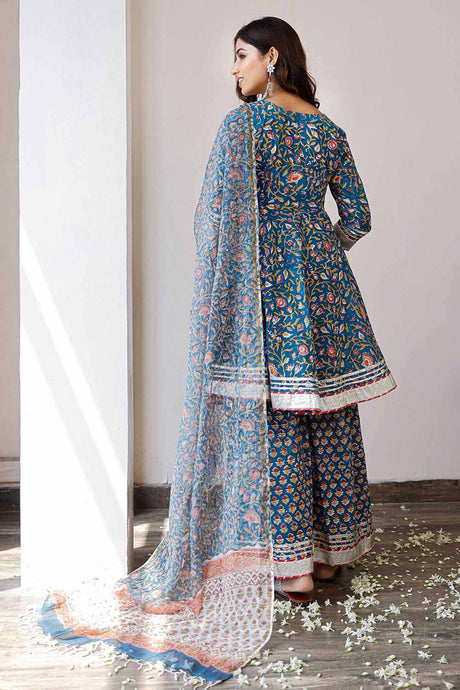 Blue Hand Block Printed Peplum Top With Palazzo Pants Paired With Printed Doria Dupatta