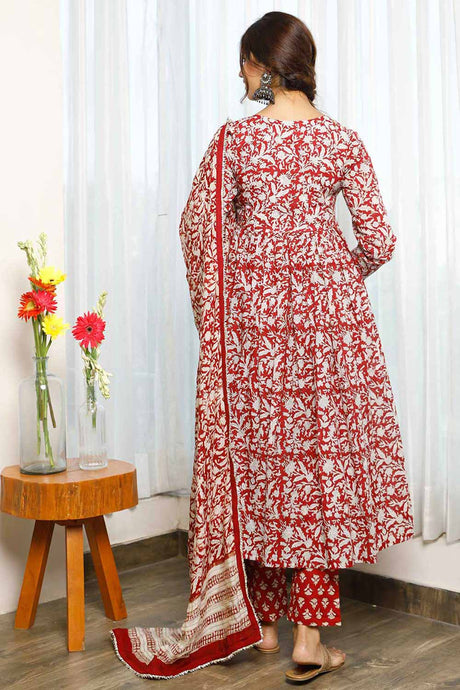 Red Floral Hand Block Printed Full Sleeves Anarkali With Gathers Paired With Printed Pants And Chanderi Dupatta