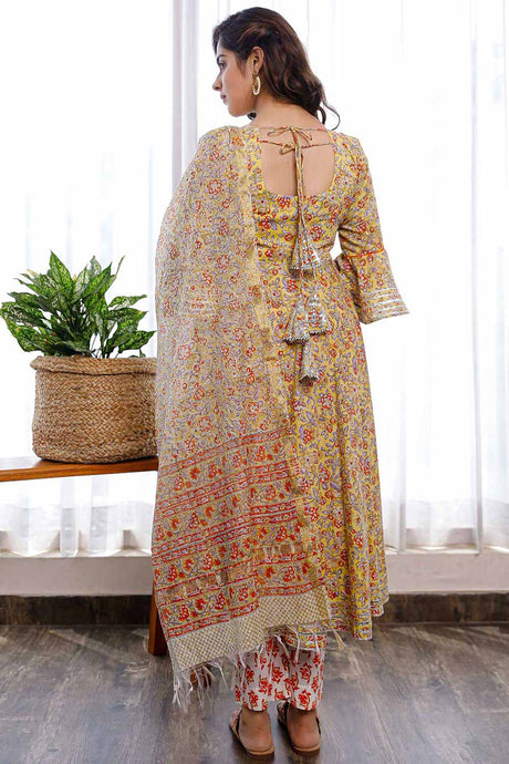 Mustard Hand Block Printed Floral Anarkali With Flare Sleeves Paired With Pants And Chandeeri Dupatta