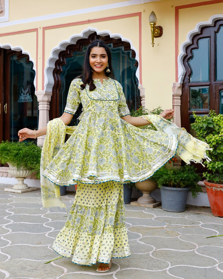 Buy Yellow  cotton Floral Printed with Gota Patti work Sharara Suit Set Online - Back