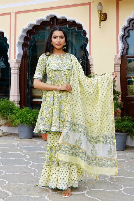 Buy Yellow  cotton Floral Printed with Gota Patti work Sharara Suit Set Online