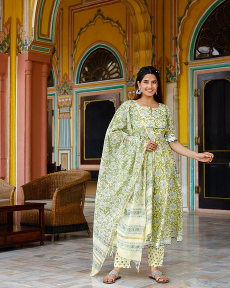Buy Green cotton Floral Printed with Gota Patti work Anarkali Suit Set Online