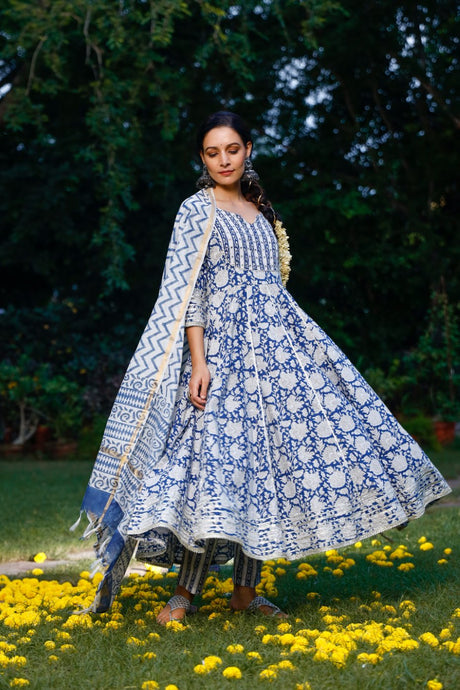 Buy Blue cotton Floral Printed with Gota Patti work Anarkali Suit Set Online - Back