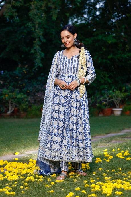 Buy Blue cotton Floral Printed with Gota Patti work Anarkali Suit Set Online