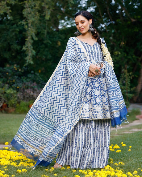 Buy Blue cotton Floral Printed with Gota Patti work Sharara Suit Set Online - Back