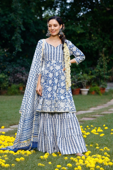 Buy Blue cotton Floral Printed with Gota Patti work Sharara Suit Set Online
