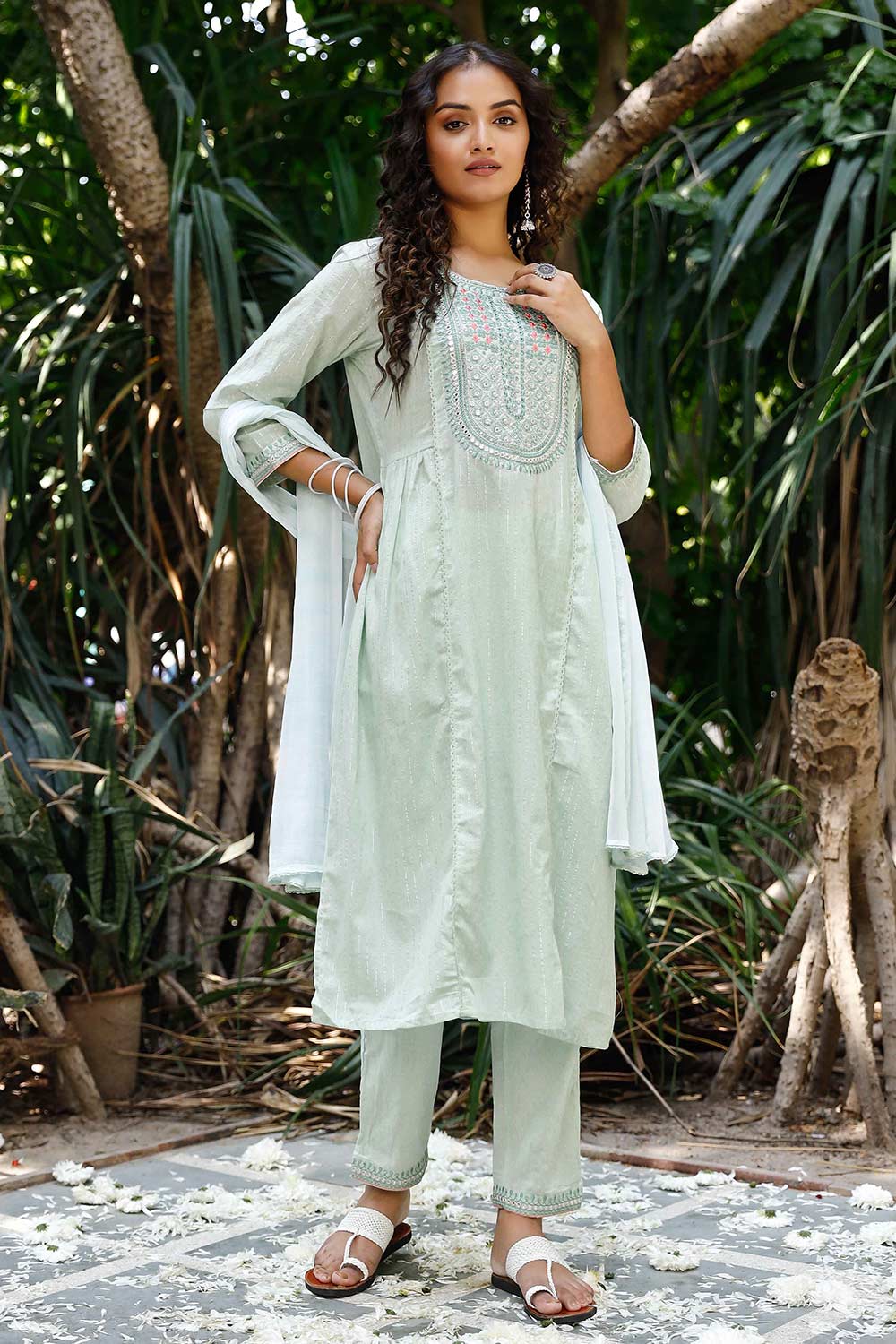 Light Green Cotton Embroidered Straight Pant Suit Set