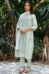 Light Green Cotton Embroidered Straight Pant Suit Set