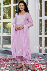 Purple Cotton Embroidered Straight Pant Suit Set