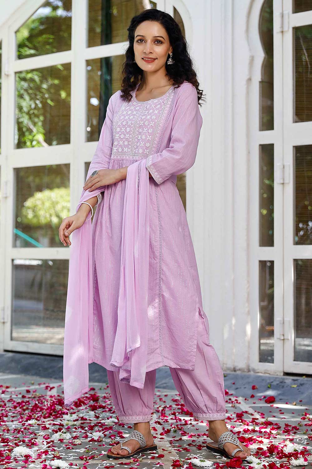 Purple Cotton Embroidered Straight Pant Suit Set