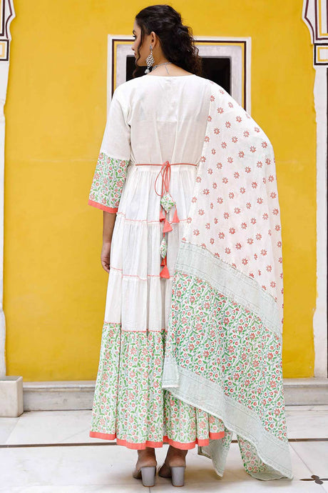 White Color Handwork And Floral Print Anarkali Kurta Set