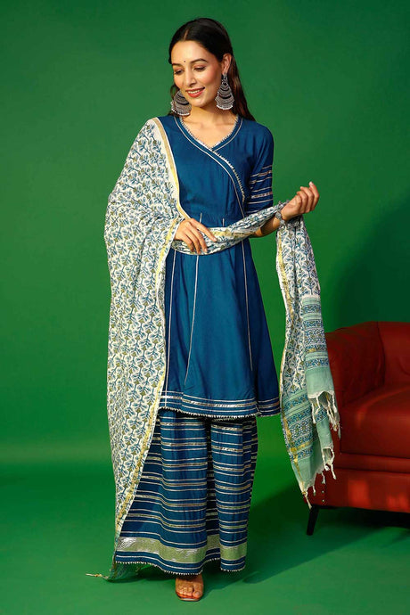 Buy Prussian blue angarakha kurta plazzo with floral dupatta set Online