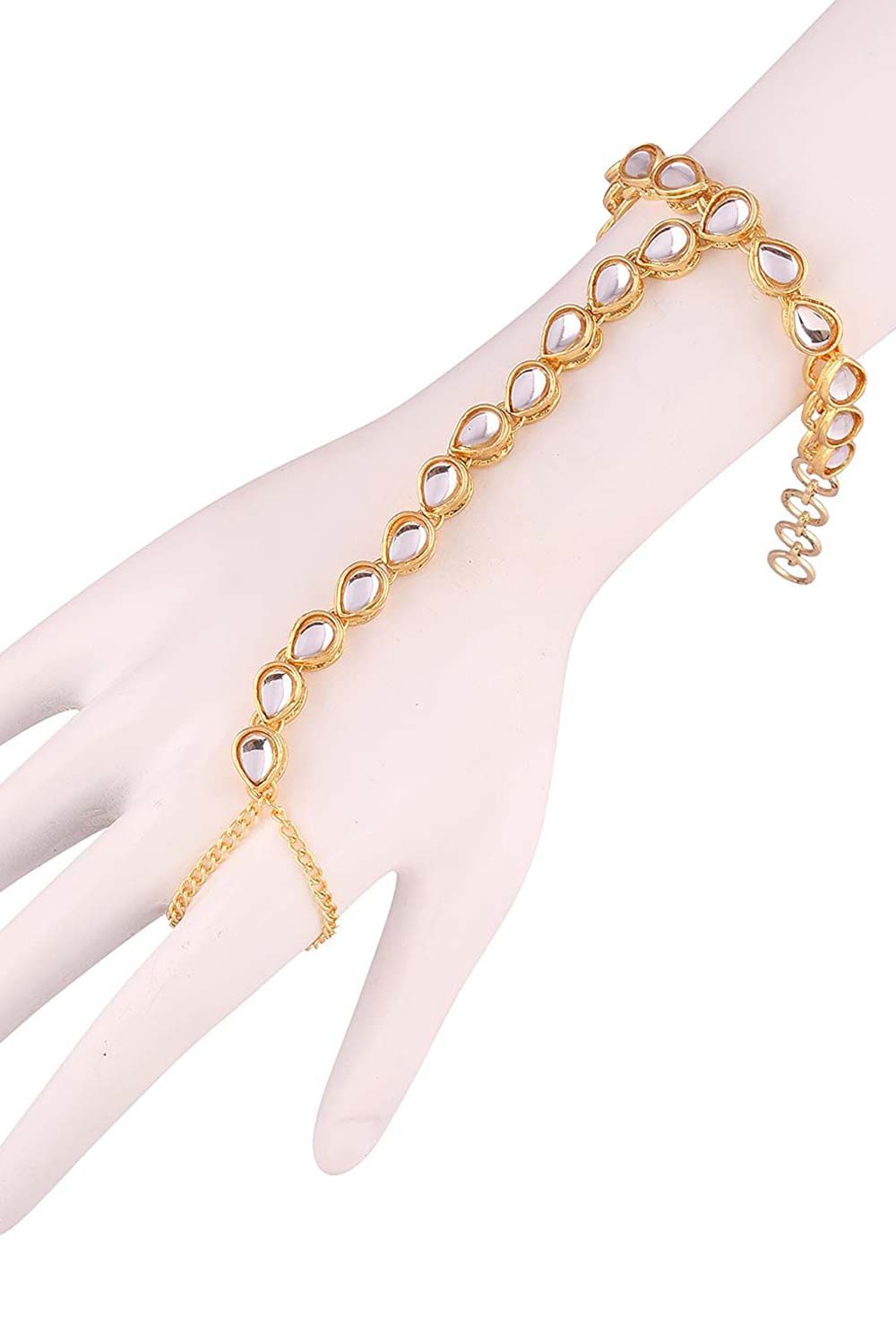 White Gold Plated Kundan Hath Punja Adjustable Chain Bracelet With Ring
