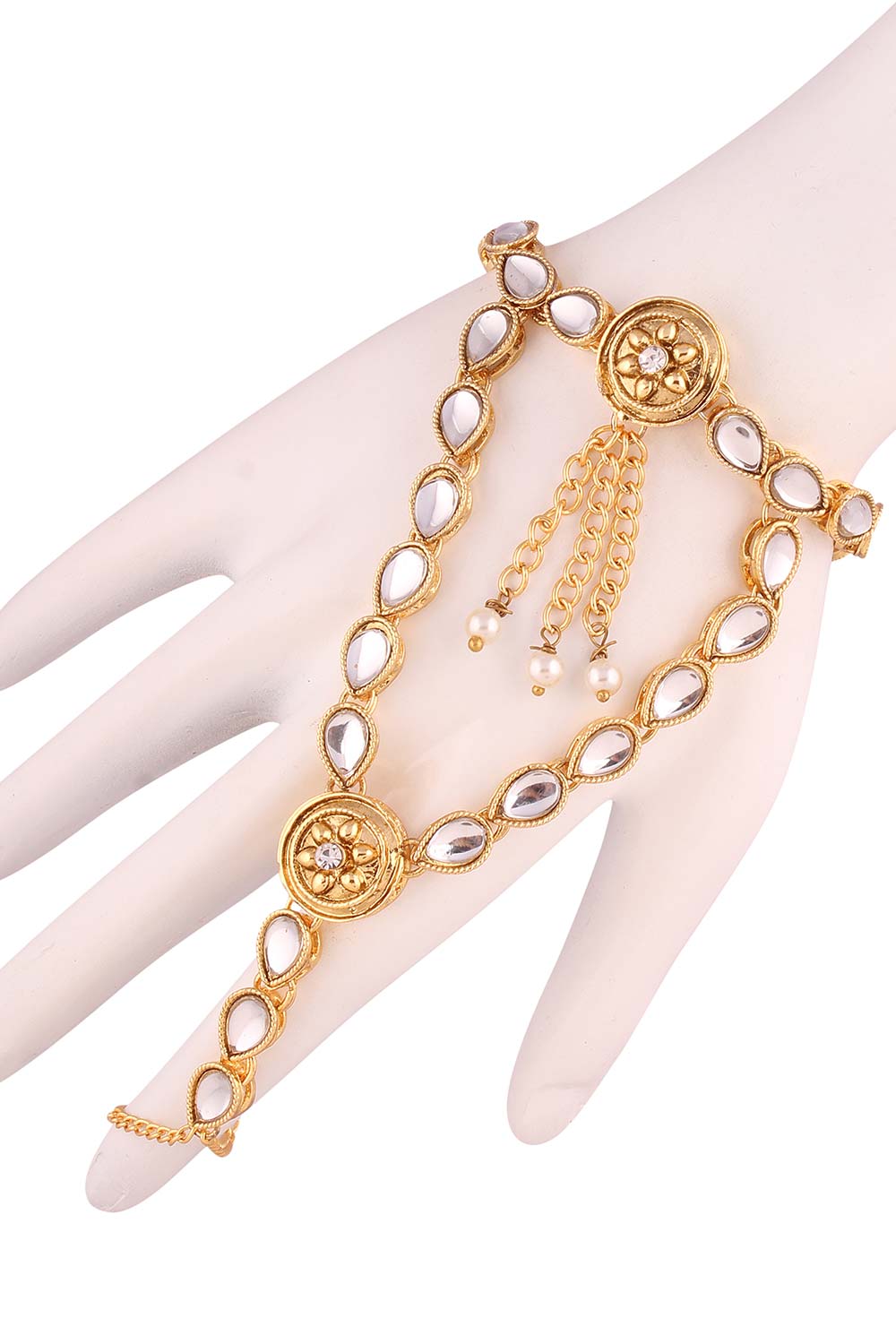 White Gold Plated Kundan Hath Phool