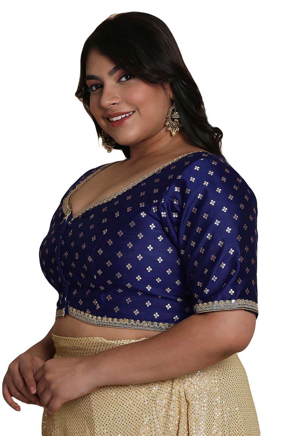 Buy Navy Blue Brocade Readymade Saree Blouse Online - KARMAPLACE