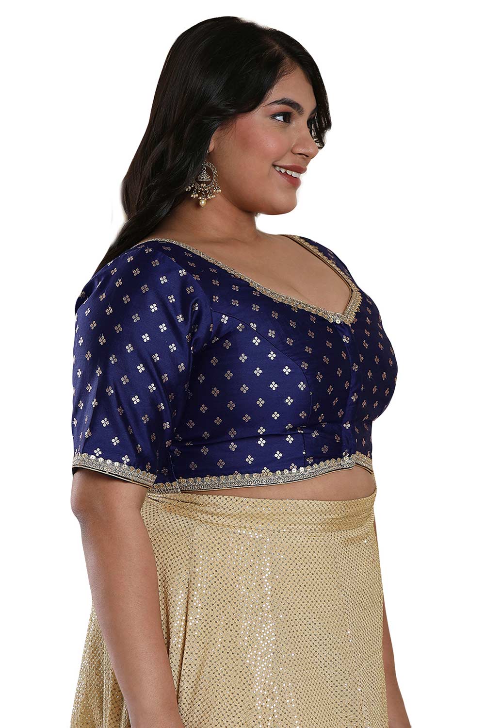 Buy Navy Blue Brocade Readymade Saree Blouse Online - KARMAPLACE