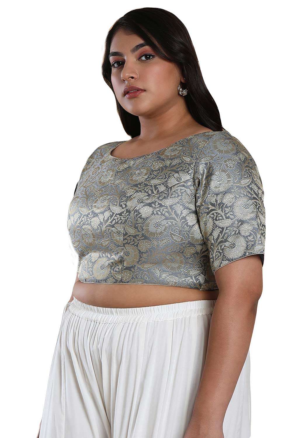 Buy Grey Brocade Readymade Saree Blouse Online - KARMAPLACE