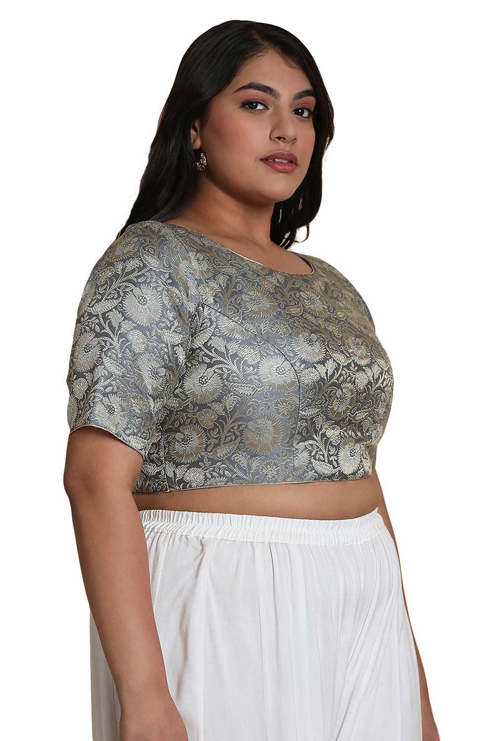 Buy Grey Brocade Readymade Saree Blouse Online - KARMAPLACE