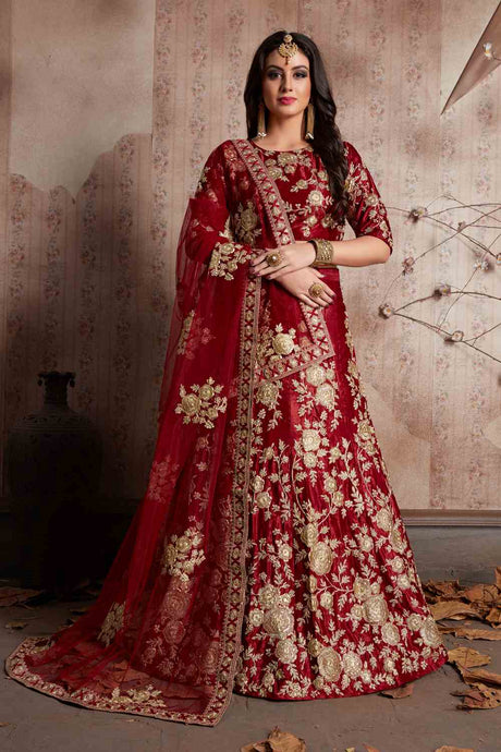 Buy Women's Velvet Silk Zardosi Lehenga in Maroon