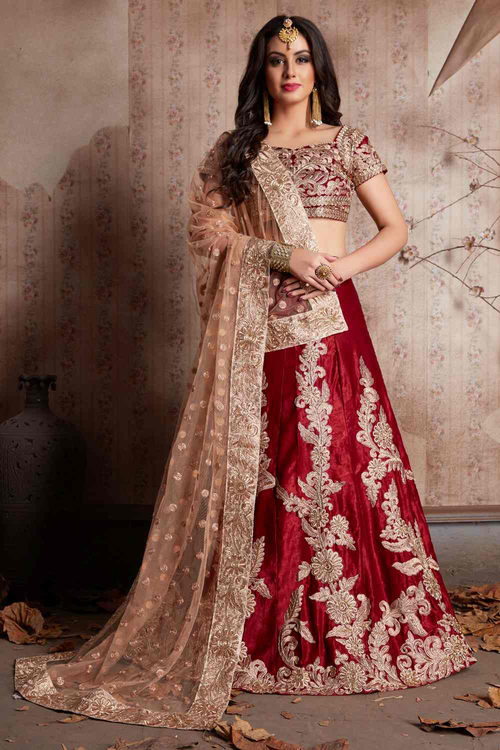 Buy Women's Velvet Silk Zardosi Lehenga in Maroon