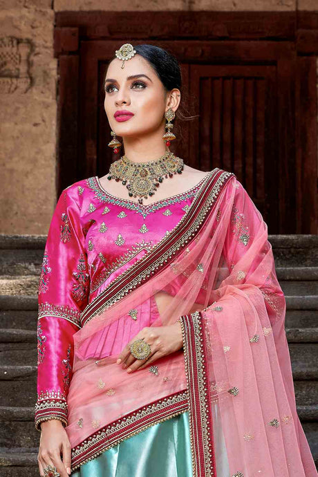 Satin Embroidery Lehenga in Sky and pink Blue - Zoom