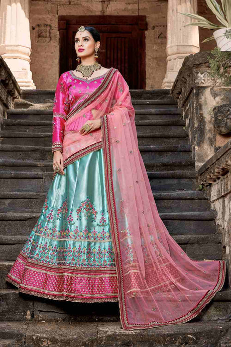 Satin Embroidery Lehenga in Sky and pink Blue