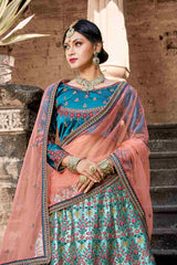 Satin Embroidery Lehenga in Sky Blue - Zoom