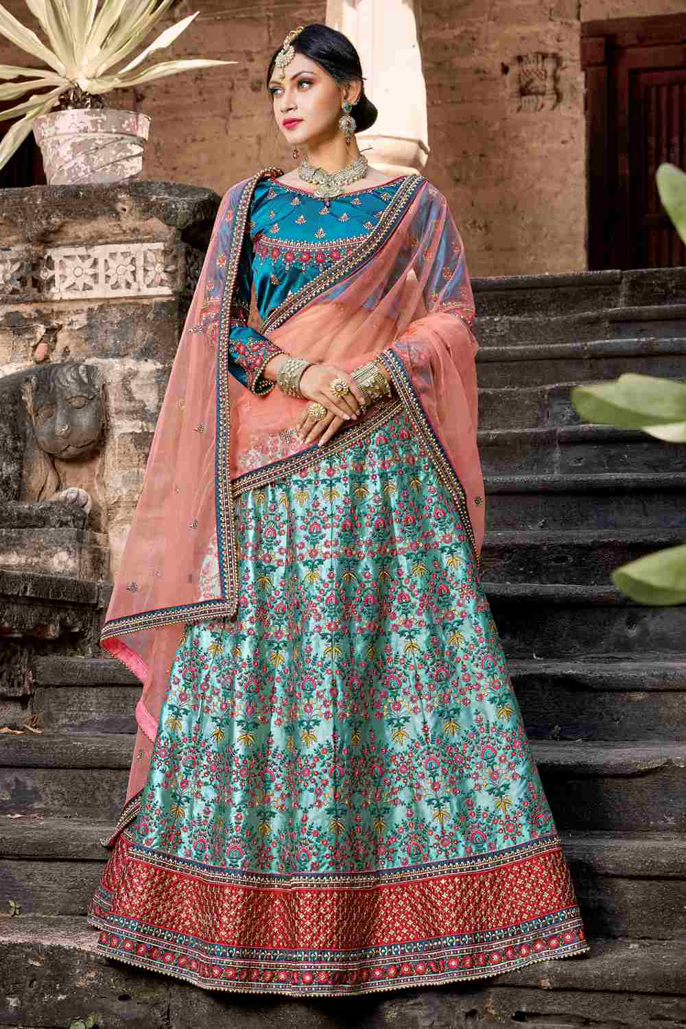 Satin Embroidery Lehenga in Sky Blue