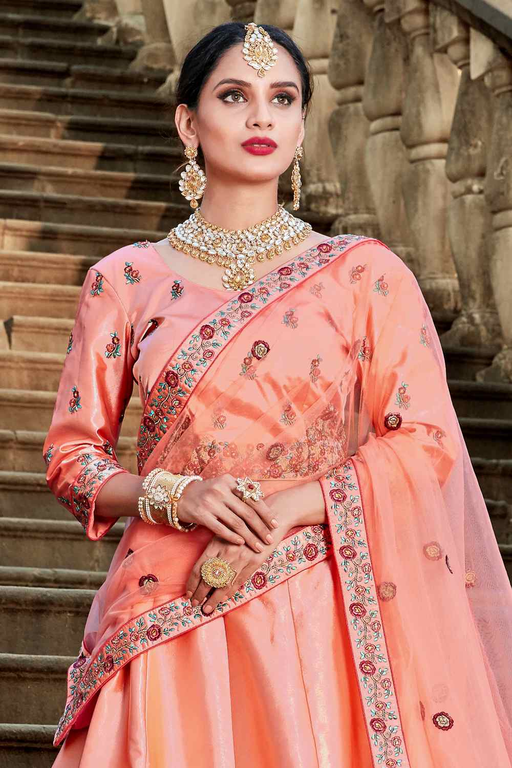 Satin Embroidery Lehenga in Peach - Zoom