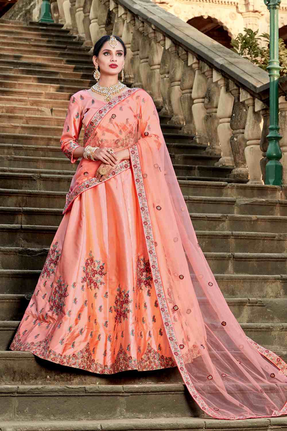 Satin Embroidery Lehenga in Peach